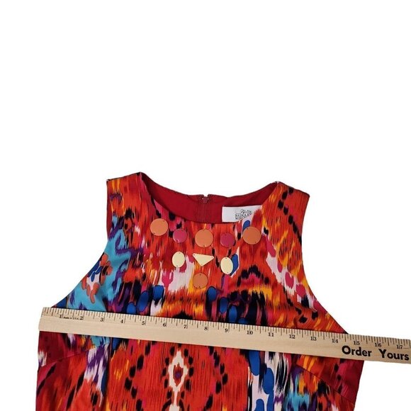 Belle Badgley Mischka Dress 2 Red Pink Ikat Sheath Fit & Flare Embellished - Picture 10 of 11